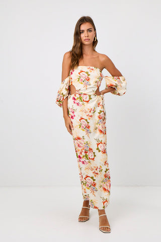 Peach Floral Detachable Sleeve Linen Dress
