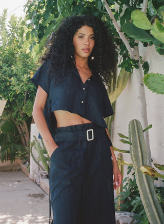 Paper Bag High Waist Pants - Navy Moire