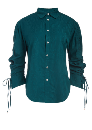 Button Down Cinch Sleeve Shirt - Forest Green Moire